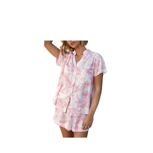 Piyama Maggie Pink White Toile Pajama Button Top Summer Women’s M - Picture 1 of 8
